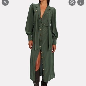 Zimmermann Silk Tie Neck Midi Dress Army Green with gold buttons and belt size 2